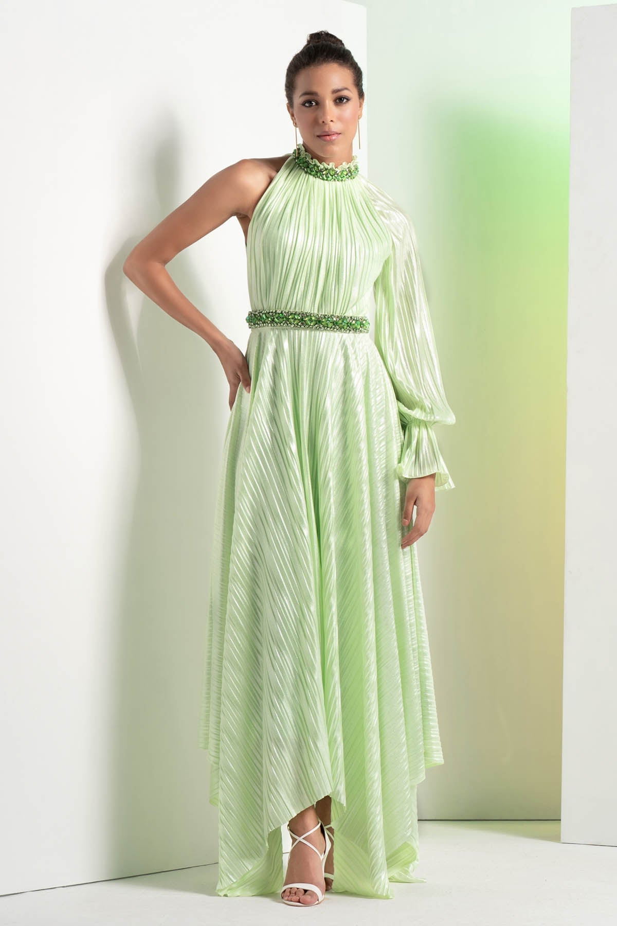 Buy Halter Neck Pleated Gown by Mandira Wirk